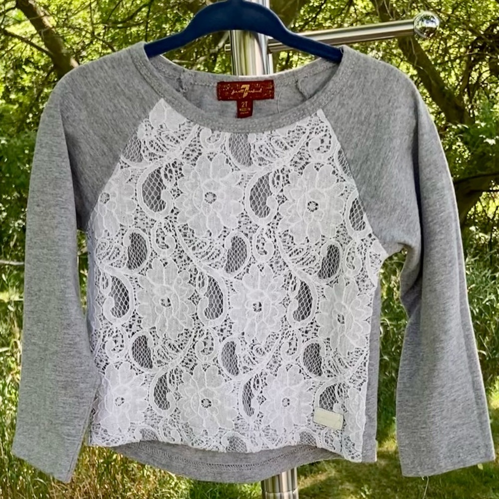 7 for All Mankind: Grey long sleeve T-shirt w/ lace overlay over body.  Size 2T.
